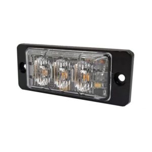 Amber 3 x 3W LED ultra-high intensity flush/slimline warning light. 12/24V DC. 20 programmable flash sequences. L 28.1mm x W 75.5mm x D 10mm. CE, ECE R65 Class 1 and SAE Class 1 approved. Protected to IP68.