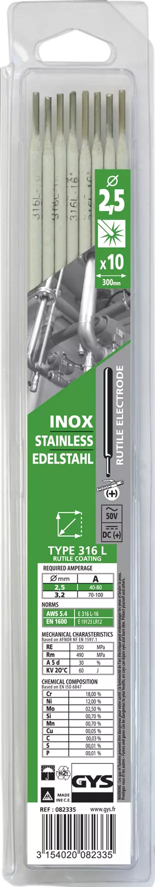 10 STAINLESS STEEL ELECTRODES - 316L - Ø2.5 (BLISTER)