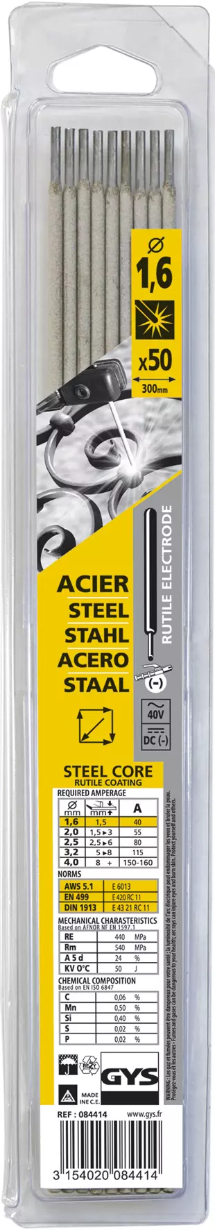 50 RUTILE ELECTRODES - STEEL - Ø1.6 (BLISTER) | 084414